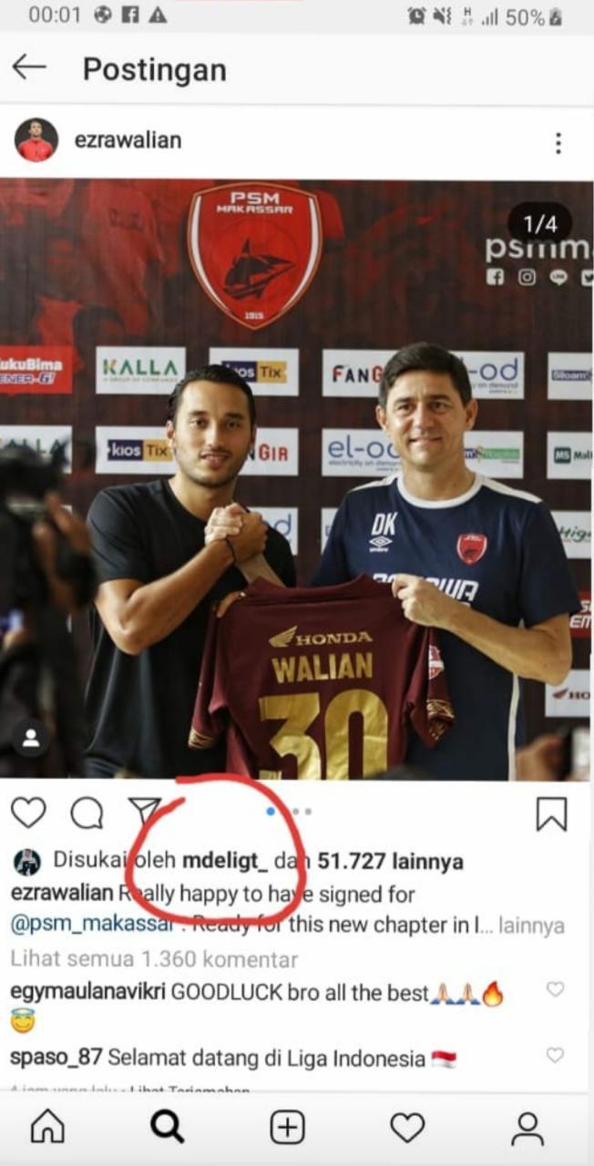 Postingan Ezra Walian saat gabung PSM Makassar disukai bintang Juventus, Matthijs De Ligt. Copyright: Instagram/Ezra Walian