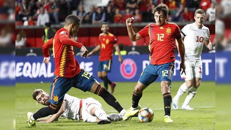 Proses Rodrigo Moreno mencetak gol pada pertandingan Spanyol vs Kepulauan Faroe di Kualifikasi Euro 2020, Senin (09/09/19). Copyright: Twitter/@SeFutbol