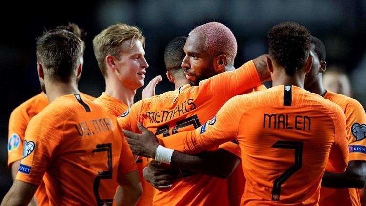 Pemain Belanda, Ryan Babel, merayakan gol ke gawang Estonia pada match day 6 Kualifikasi Euro 2020 Grup C, Selasa (10/09/19) dini hari WIB, di A. Le Coq Arena