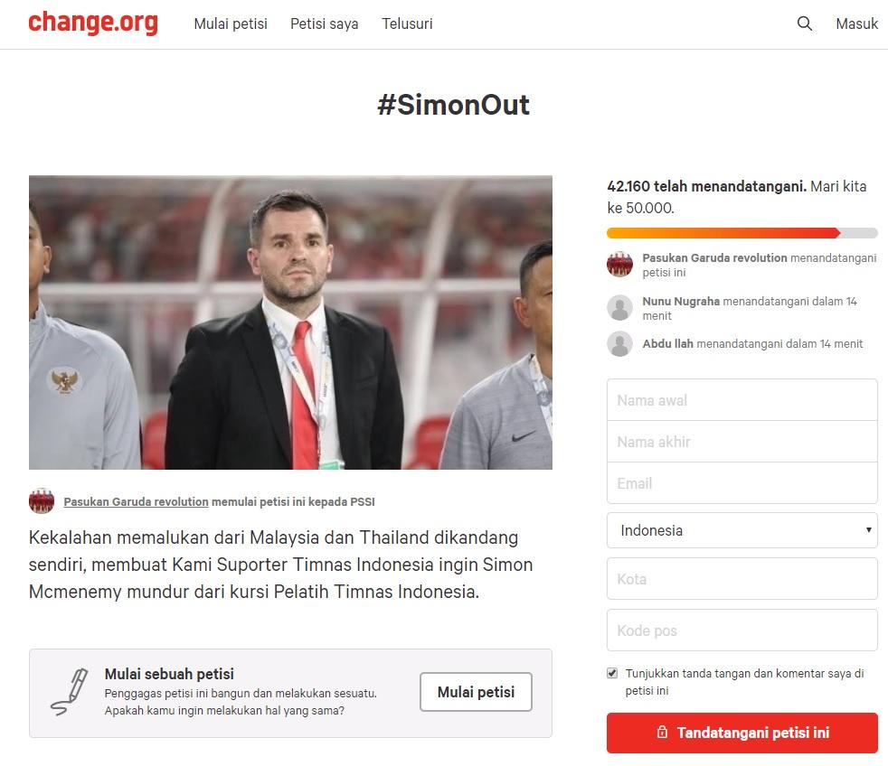 Petisi change.org agar Simon Mcmenemy mundur sebagai pelatih Timnas Indonesia. Copyright: change.org