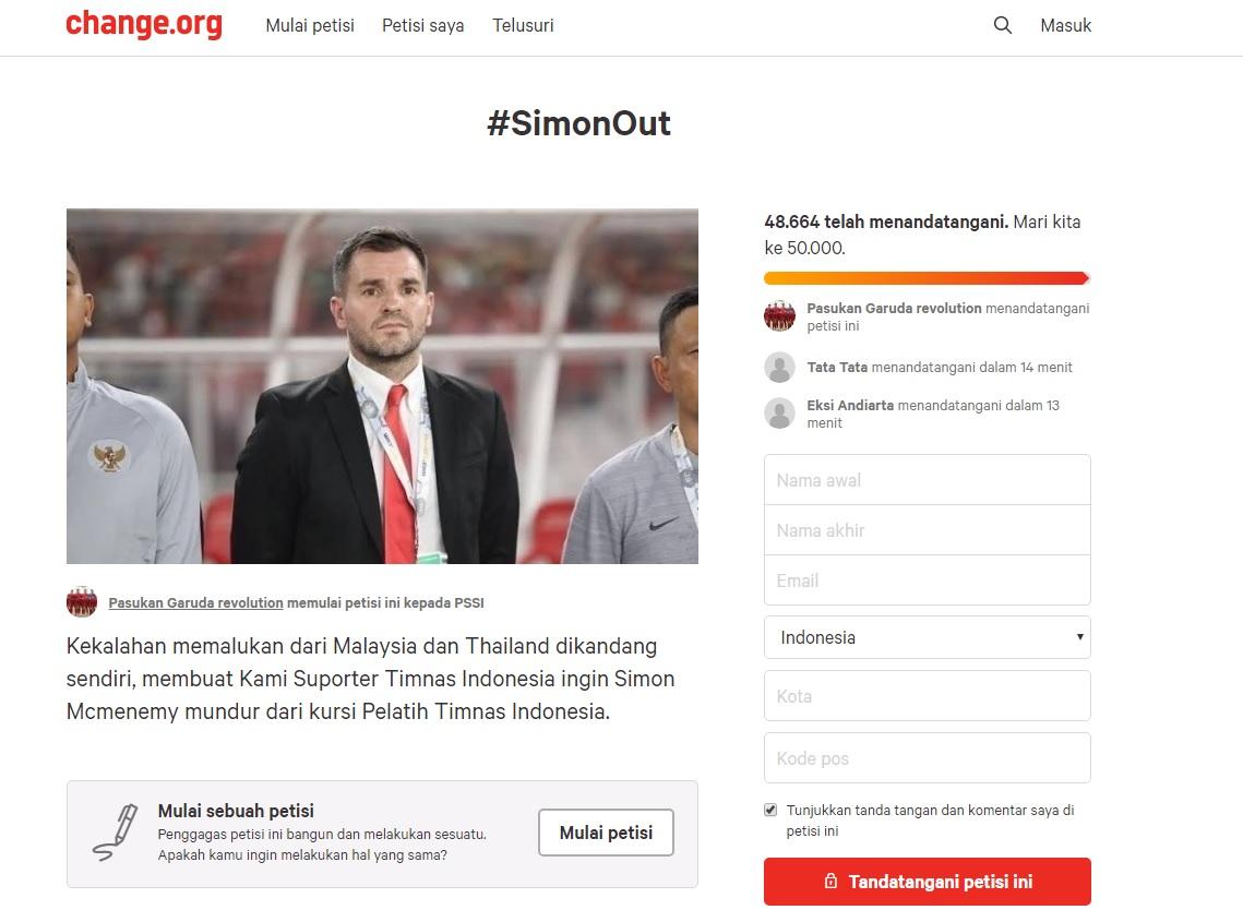 Petisi yang menginginkan Simon McMenemy dipecat dari jabatan pelatih Timnas Indonesia. Copyright: Change.org