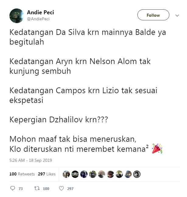 Pentolan Bonek, Andie Peci mengkritisi dicoretnya Jalilov dari Persebaya Surabaya. Copyright: Twitter.com/amdiepeci