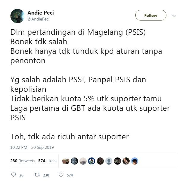 Kicauan Andie Peci soal Bonek yang hadir di Stadion Madya, Magelang pada laga PSIS vs Persebaya Copyright: Twitter/@AndiePeci