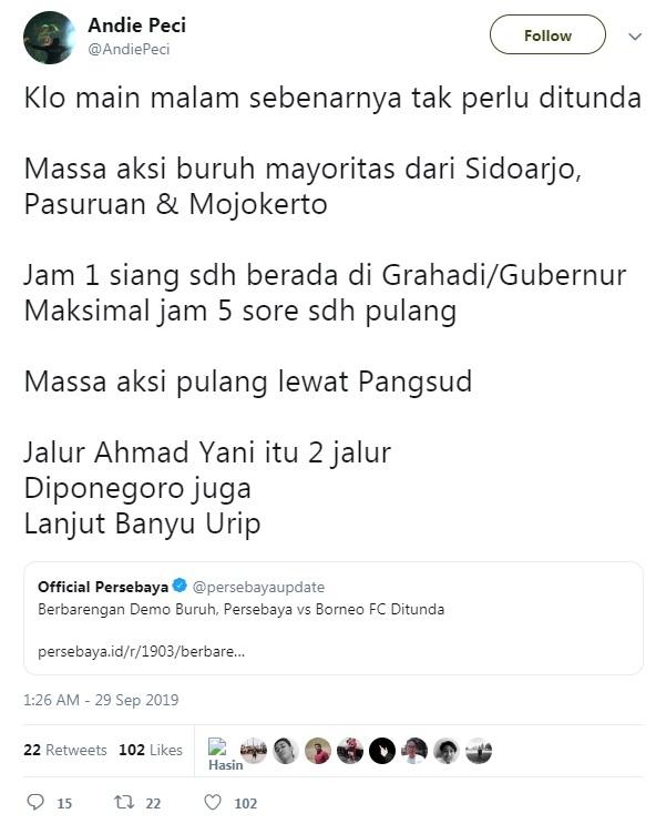 Kicauan Andie Peci soal laga Persebaya vs Borneo FC yang ditunda. Copyright: Twitter.com/andiepeci