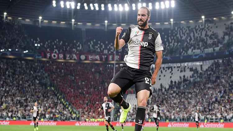 Selebrasi pemain Juventus Gonzalo Higuain usai cetak gol ke gawang Bayern Leverkusen di laga Liga Champions, Rabu (02/10/19). Copyright: twitter.com/juventusfc