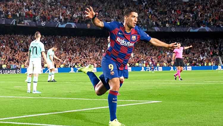 Luis Suarez melakukan selebrasi pada laga kedua fase grup Liga Champions di Camp Nou, Kamis (03/10/19).