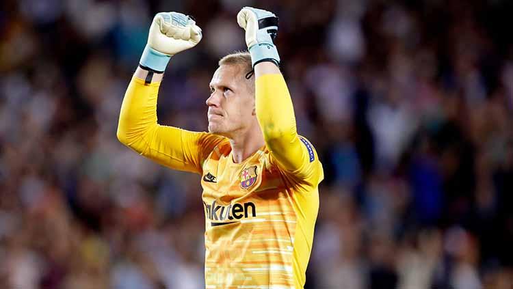 Kiper Inter Milan, Marc Andre ter Stegen melakukan selebrasi usai laga pada laga kedua fase grup Liga Champions di Camp Nou, Kamis (03/10/19).