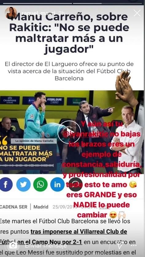 Postingan Raquel Mauri yang mempertanyakan situasi suaminya, Ivan Rakitic di Barcelona. Copyright: Marca