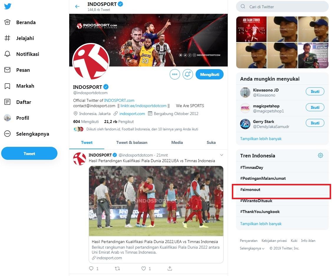Tagar #SimonOut menggema di media sosial Twitter usai Timnas Indonesia kalah 0-5 dari UEA. Copyright: Twitter.com