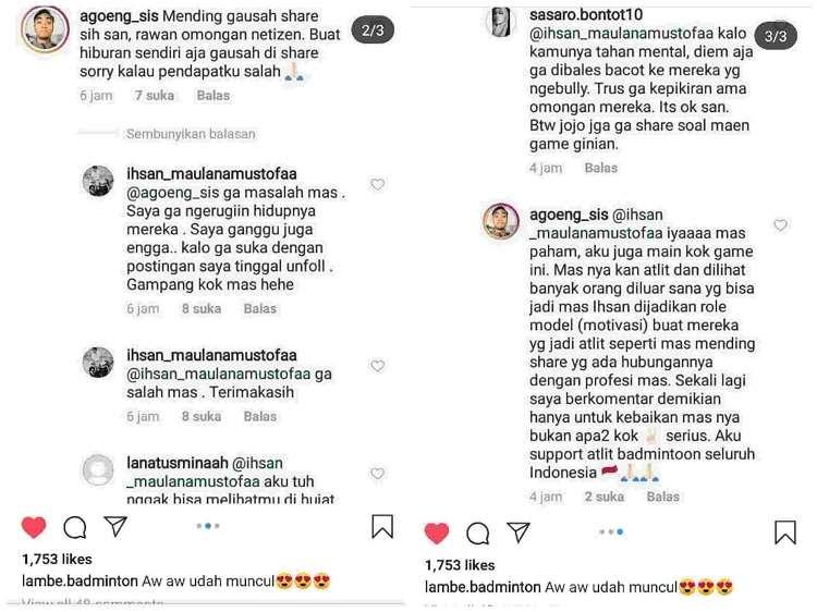 Komentar netizen soal unggahan main game Ihsan Maulana di Instagram. Copyright: Instagram @lambe.badminton