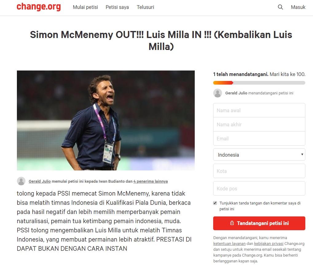 Petisi yang menginginkan Simon McMenemy dipecat dari jabatan pelatih Timnas Indonesia. Copyright: Change.org