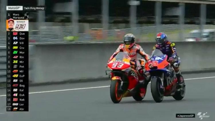 Karena motor Marc Marquez mogok, ia akhirnya dibantu oleh pembalap Malaysia Hafizh Syahrin di MotoGP Jepang. - INDOSPORT