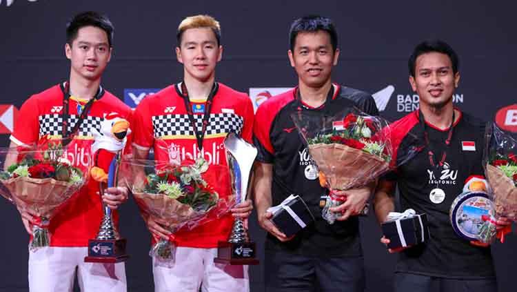 Marcus Fernaldi Gideon/Kevin Sanjaya Sukamuljo meraih kemenangan 21-14 dan 21-13 atas Mohammad Ahsan/Hendra Setiawan di Denmark Open 2019.