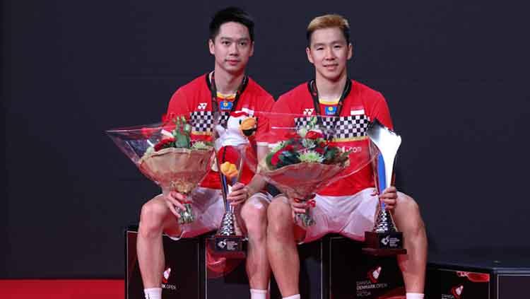 Marcus Fernaldi Gideon/Kevin Sanjaya Sukamuljo meraih kemenangan 21-14 dan 21-13 atas Mohammad Ahsan/Hendra Setiawan di Denmark Open 2019. Copyright: Humas PBSI