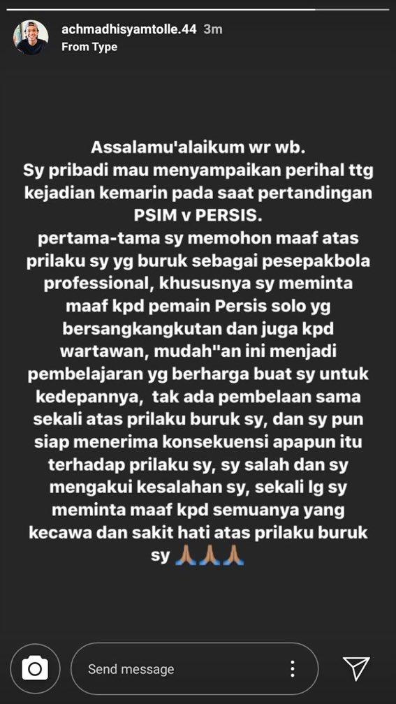 Achmad Hisyam Tolle memberikan pernyataan maaf atas tindakan tak terpujinya kepada pemain Persis Solo dan wartawan. Copyright: Instagram/@achmadhisyamtolle.44