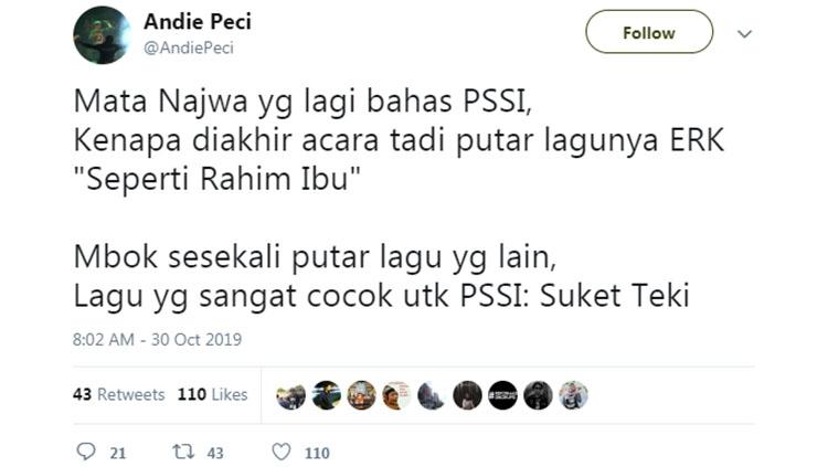 Komentar pentolan Bonek Andie Peci usai menonton tayangan Mata Najwa PSSI Bisa Apa Jilid 5, Kongres Buat Apa. Copyright: Twitter/@AndiePeci