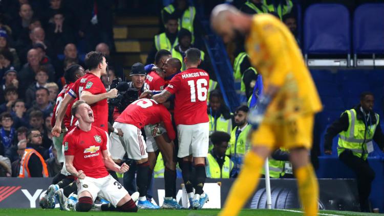 Selebrasi pemain Manchester United usai Marcus Rashford mencetak gol kedua ke gawang Chelsea di ajang Carabao Cup. Copyright: Chloe Knott - Danehouse/Getty Images