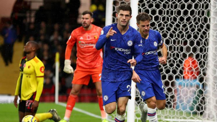 Selebrasi gelandang Chelsea, Christian Pulisic, usai mencetak gol ke gawang Watford pada pekan ke-11 Liga Inggris Copyright: Catherine Ivill/Getty Images