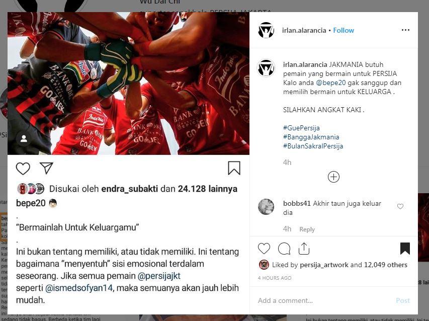 Kritikan Jakmania kepada Bambang Pamungkas 1 Copyright: https://www.instagram.com/irlan.alarancia/?hl=en