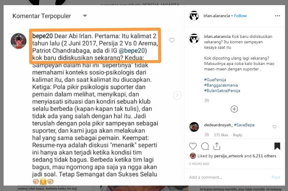 Kritikan Jakmania kepada Bambang Pamungkas 3 Copyright: https://www.instagram.com/irlan.alarancia/?hl=en