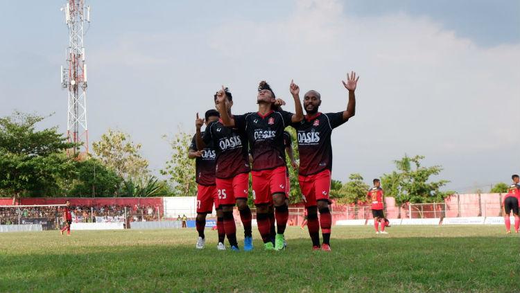 Para pemain Persijap Jepara merayakan gol ke gawang Persinga Ngawi di Stadion Ketonggo, Minggu (3/11/19) Copyright: Media Persijap Jepara