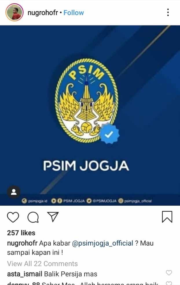 Postingan Nugroho Fatchur R ke PSIM Yogyakarta. Copyright: Instagram