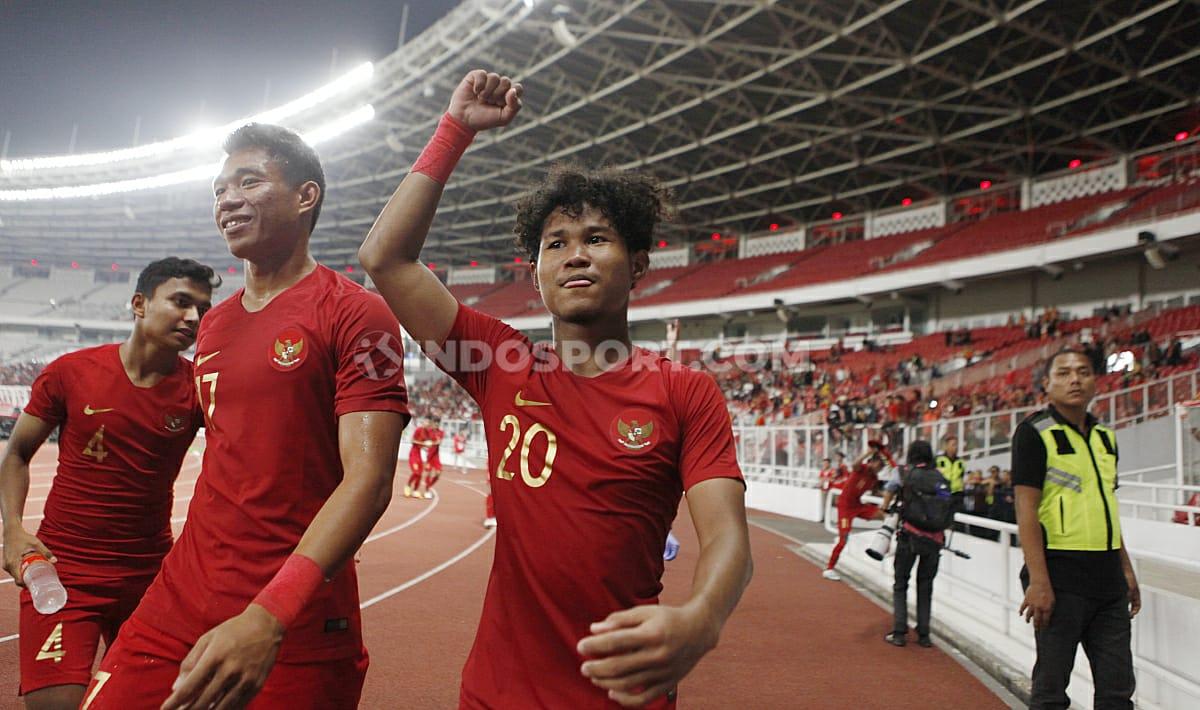 Selebrasi Bagus Kahfi usai laga Timnas Indonesia U-19 vs Korea Utara dalam Kualifikasi Piala Asia U-19 2020 yang berakhir imbang 1-1.