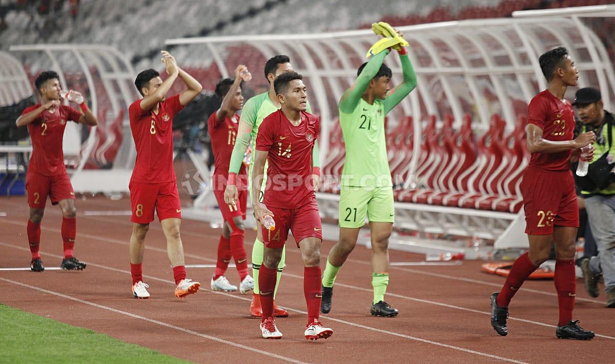 Perayaan keberhasilan pemain Timnas Indonesia U-19 setelah memastikan tiket ke babak utama Piala Asia U-19 2020.