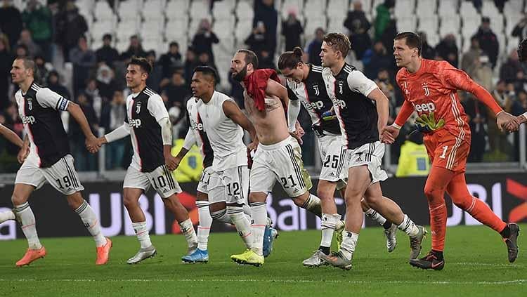 Pemain Juventus merayakan kemenangan atas AC Milan pada laga Serie A Italia di Allianz Stadium.
