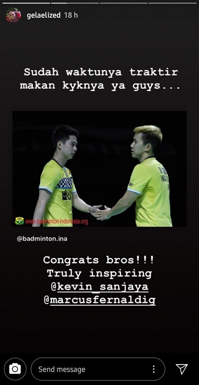 Unggahan Insta Story Sean Gelael yang minta traktiran ke Kevin/Marcus usai Fuzhou China Open 2019. Copyright: Instagram @gelaelized