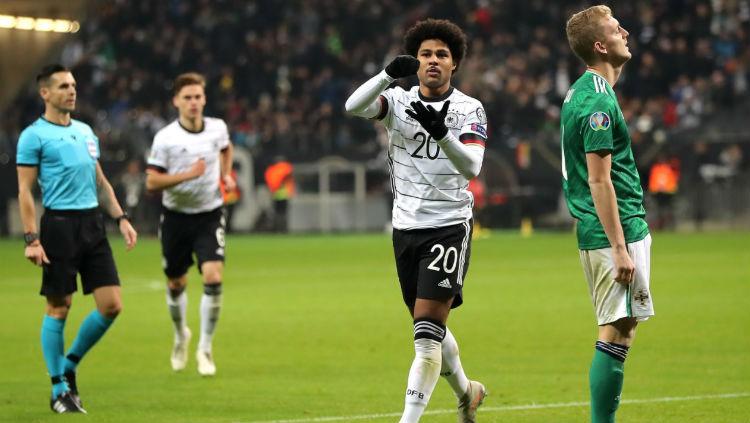 Selebrasi Serge Gnabry di pertandingan Kualifikasi Euro 2020 antara Jerman vs Irlandia Utara, Rabu (20/11/19) dini hari WIB.