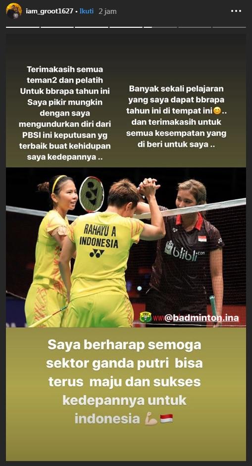 Instastory Jauza Fadhila menunjukan pengunduran dirinya dari Pelatnas PBSI, Rabu (20/11/19). Copyright: https://www.instagram.com/iam_groot1627