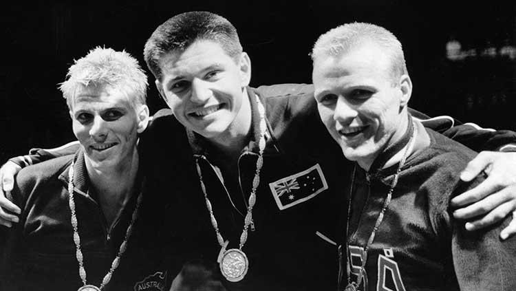 Murray Rose, John Konrads, George Breen saat Olimpiade Musim Panas 1960, Roma, Italia. Copyright: KEYSTONE-FRANCE/Gamma-Rapho via Getty Images