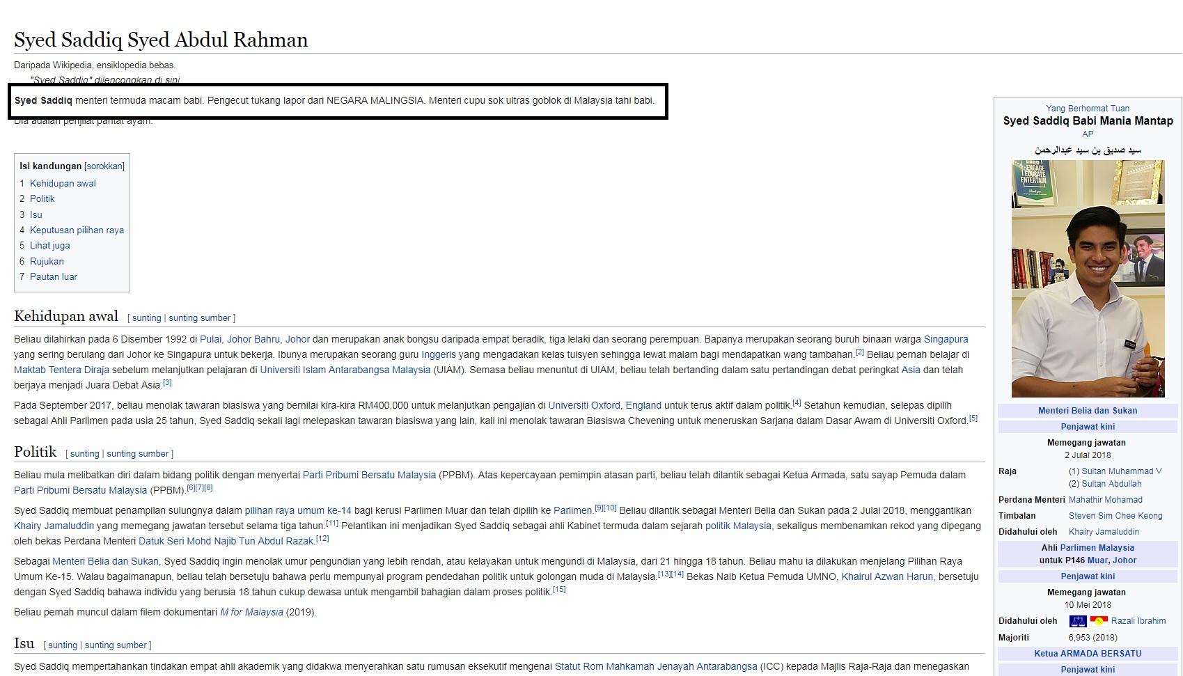 Biodata Menteri Pemuda dan Olahraga Malaysia, Syed Saddiq di Edit dalam Laman Wikipedia Copyright: ms.wikipedia.org