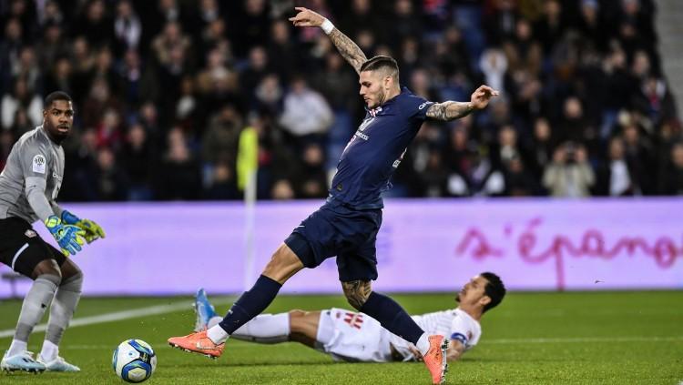 Aksi Mauro Icardi saat mencetak gol di laga PSG vs Lille pada pekan ke-14 Ligue 1 Prancis, Sabtu (23/11/19). Copyright: Twitter/@PSG_inside