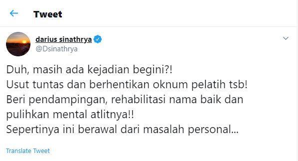 Cuitan Darius Sinathrya soal kabar atlet yang dipulangkan dari SEA Games 2019 karena dianggap tak perawan. Copyright: Twitter @Dsinathrya