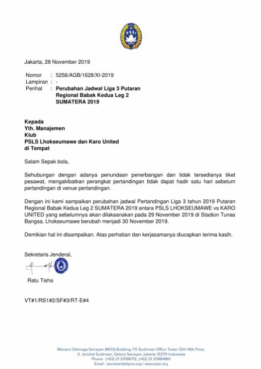 Perubahan jadwal Liga 3 Putaran Regional Babak Kedua Leg 2 Sumatera 2019 antara PSLS Lhokseumawe (Aceh) vs Karo United (Sumut). Copyright: pssi.org