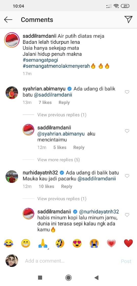 Komentar Saddil Ramdani di Instagram. Copyright: Instagram.com/saddilramdani