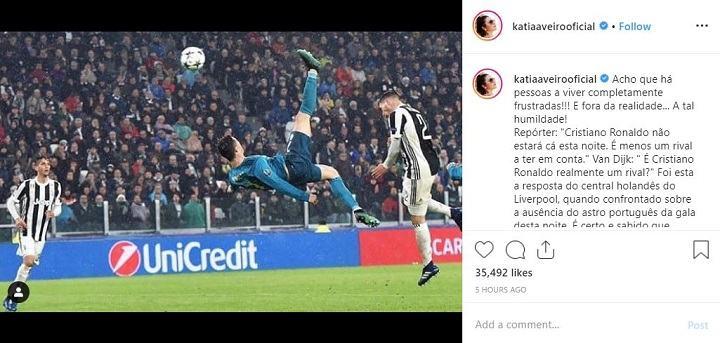 Unggahan kakak Ronaldo, Katia Aveiro, yang menyoroti komentar Virgil van Dijk pada malam penganugerahan Ballon d