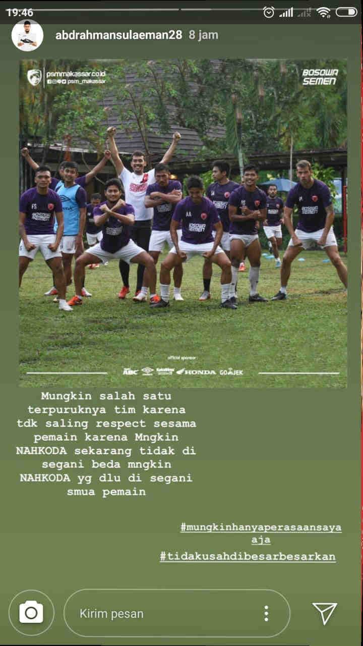 Unggahan story dari Instagram pemain PSM Makassar, Abdul Rahman. Copyright: Insta Story Abdul Rahman