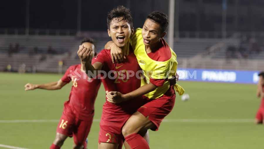 Selebrasi pemain Timnas Indonesia U-23, Osvaldo Haay usai mencetak gol ke gawang Myanmar U-23 di babak semifinal SEA Games 2019, Sabtu (07/12/19).