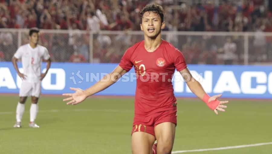 Selebrasi pemain Timnas Indonesia U-23, Osvaldo Haay usai mencetak gol ke gawang Myanmar U-23 babak semifinal SEA Games 2019, Sabtu (07/12/19).