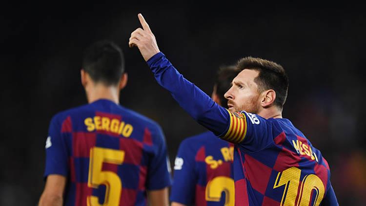 Pemain megabintang sekaligus kapten Barcelona, Lionel Messi mencetak hattrick dalam pertandingan LaLiga Spanyol 2019-2020 pekan ke-16 saat melawan Mallorca Copyright: Alex Caparros/GettyImages