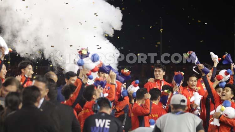 Ekspresi kegembiraan para pemain Vietnam usai memastikan diri meraih medali emas di SEA Games 2019