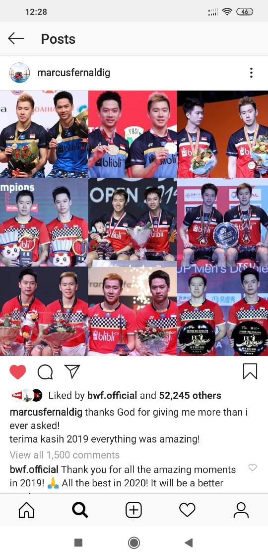 Unggah Foto Bareng Kevin Sanjaya Usai Lama Bungkam, Marcus Gideon Jadi Sorotan BWF Copyright: instagram.com/marcusfernaldig