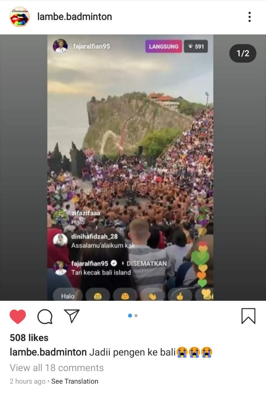 Pebulutangkis ganda putra Fajar Alfian memamerkan kegiatannya di Bali. Copyright: Instagram