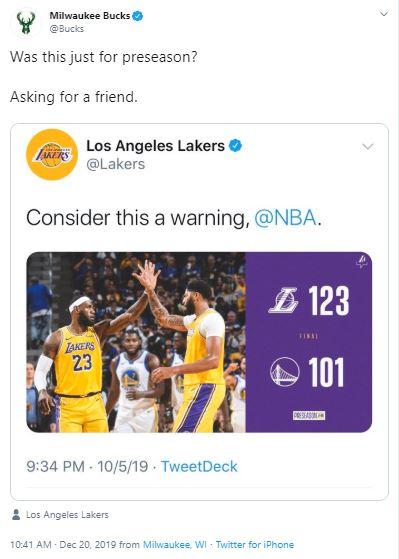 Akun Twitter Milwaukee Bucks mengejek LA Lakers yang sempat jemawa saat laga pramusim NBA. Copyright: Twitter