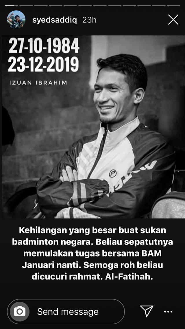 Syed Saddiq menyampaikan ucapan duka usai berpulangnya pelatih bulutangkis Malaysia, Izuan Ibrahim. Copyright: https://www.instagram.com/syedsaddiq/