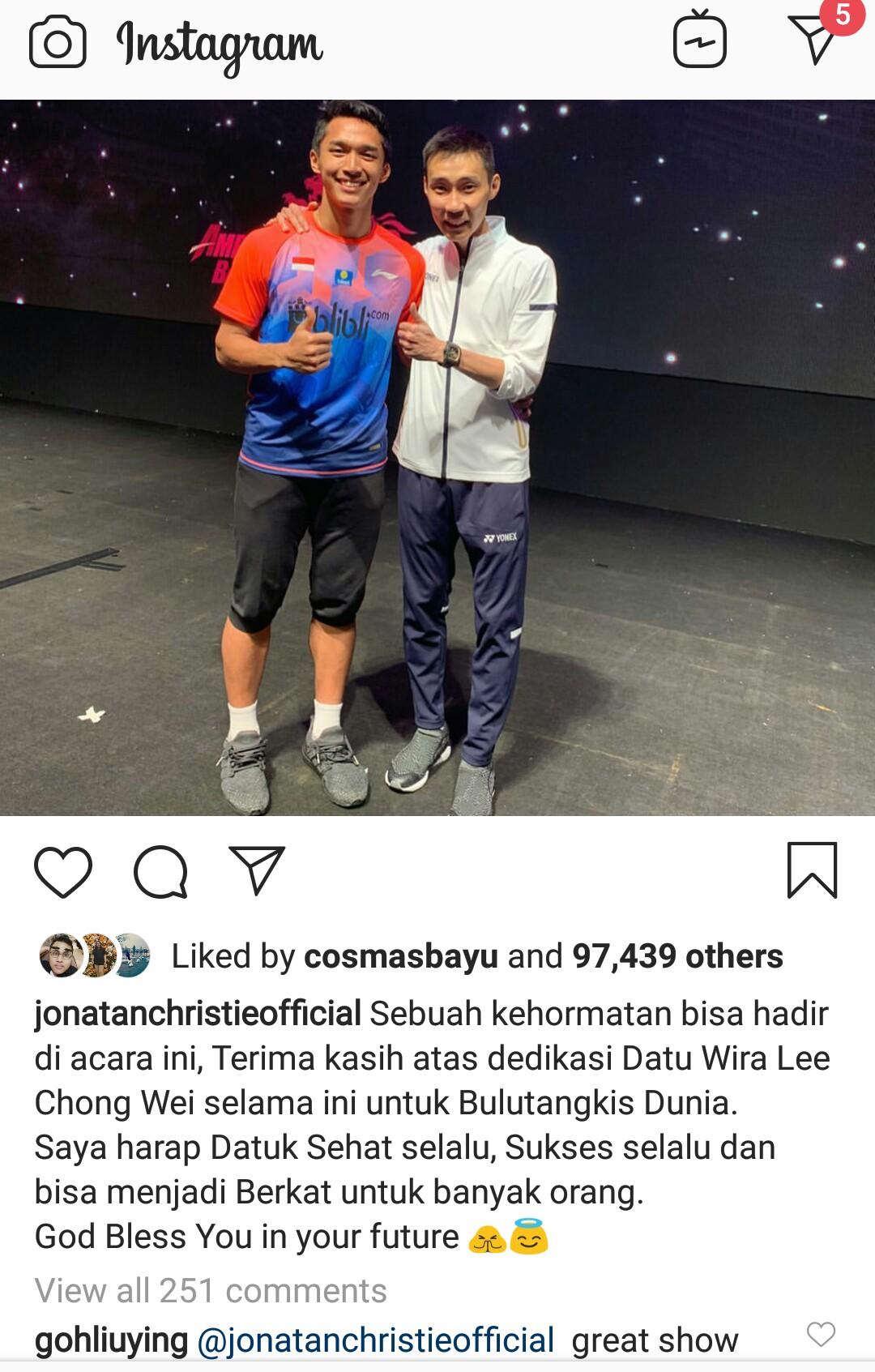 Bidadari Bulutangkis Malaysia, Goh Liu Ying Komentari Kebersamaan Jonatan Christie dan Lee Chong Wei Copyright: Instagram Jonatan Christie