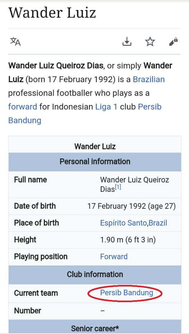 Situs Wikipedia menyebut penyerang asal Brasil, Wander Luiz, bergabung ke Persib Bandung. Copyright: Wikipedia